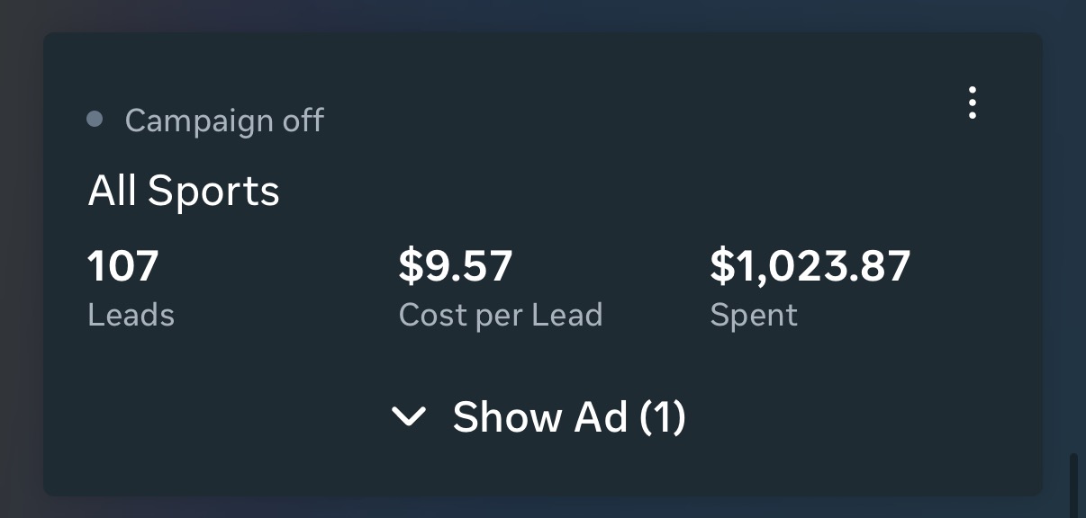 All Sports campaign: 107 leads at $9.57 cost per lead, $1,023.87 spent