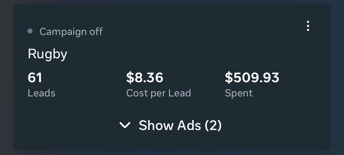 Rugby campaign: 61 leads at $8.36 cost per lead, $509.93 spent